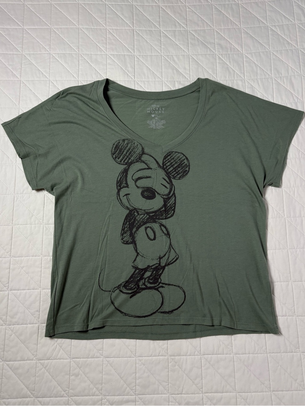 Disney Mickey Mouse Sketch Graphic V-Neck T-Shirt - Sage Green Size Medium